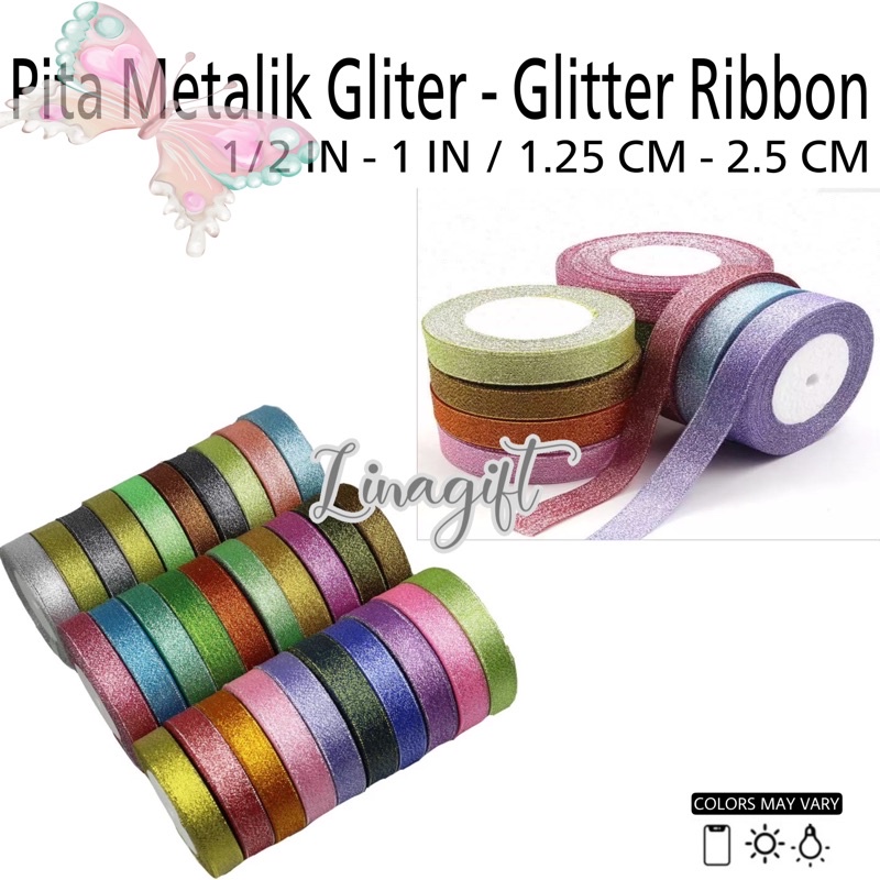 ( Rol 20 Yard ) PITA METALLIC GLITTER 1 IN ( 2.5 CM ) 1 INCH METALIC GLITTER - PITA METALIK GLITER - HIASAN KADO NATAL / PARCEL HAMPERS SOUVENIR MERAH BIRU UNGU HITAM / RED PINK BLUE PURPLE - FANCY SILVER SHINY GLOSSY