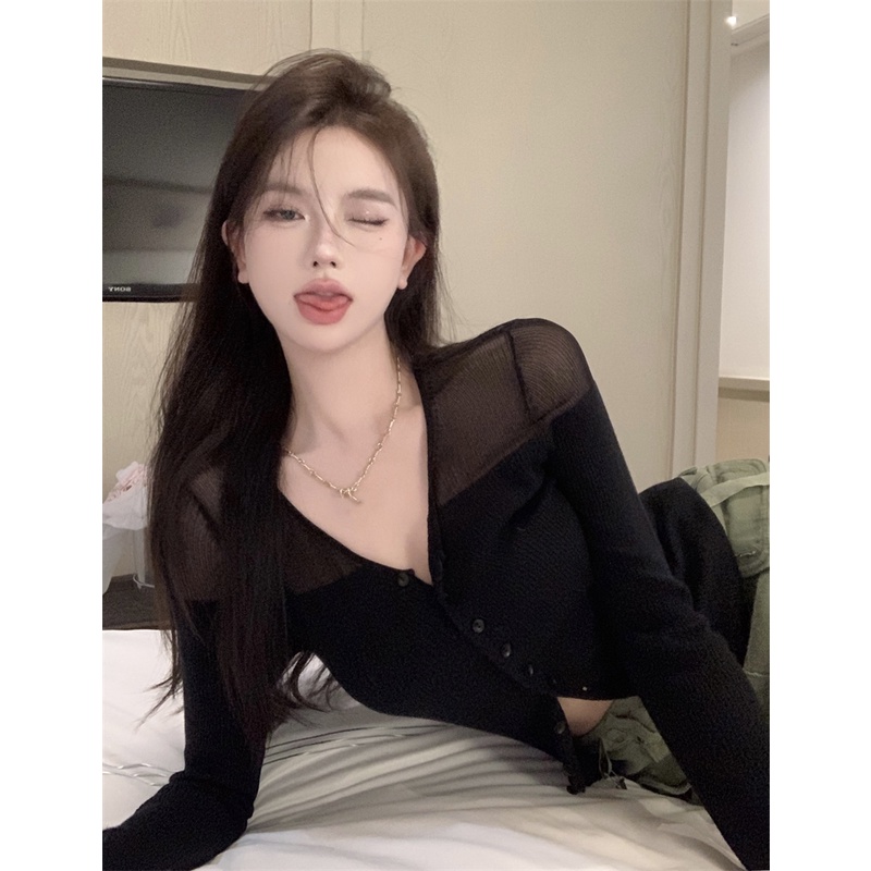 ∏◕▪Suhao rasa desain ceruk jahitan kardigan rajutan wanita musim gugur hot gadis v-neck tabir surya kemeja ketat lengan panjang atasan pendek