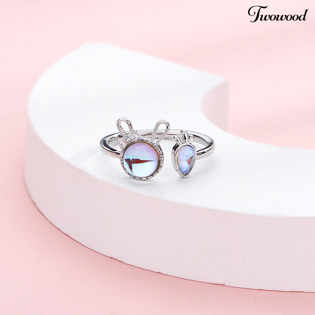 Twowood Wanita Cincin Shiny Faux Moonstone Animal Element Adjustable Opening Design Hadiah Hias Kelinci Kecil Lobak Jari Cincin Perhiasan Pesta Untuk Pacaran