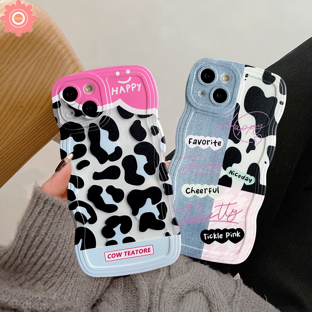 IPHONE Casing Motif Sapi Leopard Kompatibel Untuk Iphone6 6s 8 7 Plus XR 11 Pro Max14 13 12 Pro Max 14Plus X XS Max SE 2020motif Denim Splicing Lembut Bergelombang Edge Case