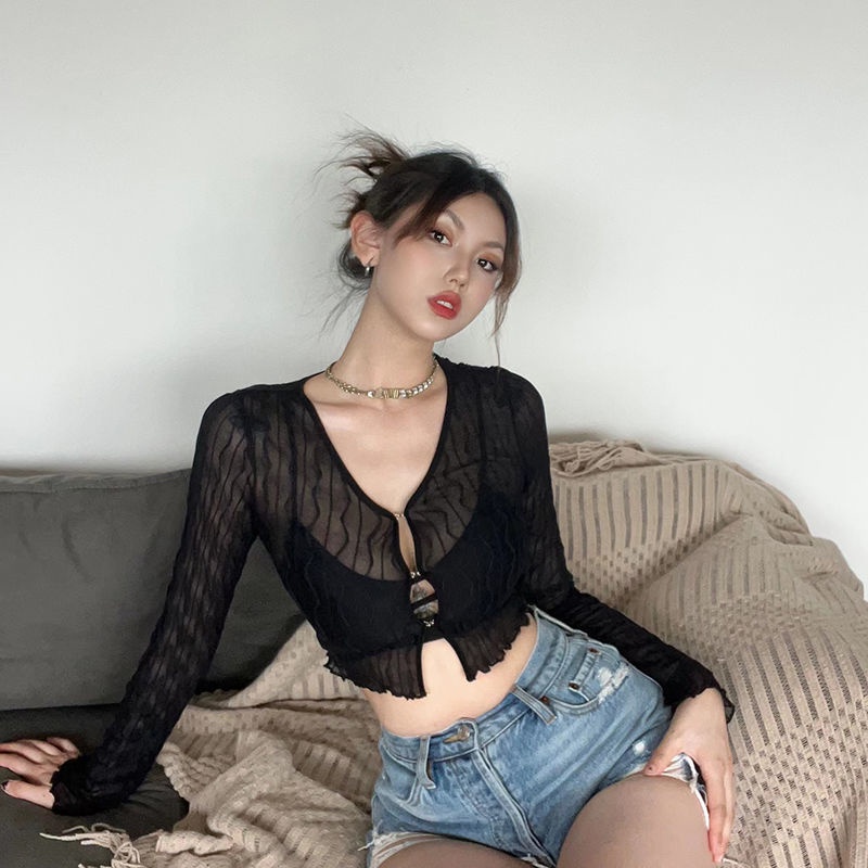 ◇☏✿Suhao Sisjune Eropa dan Amerika Hot Girls Seksi Mesh Lengan Panjang T-shirt Wanita In All-Match Tombol Slim fit Slim Cardigan Top