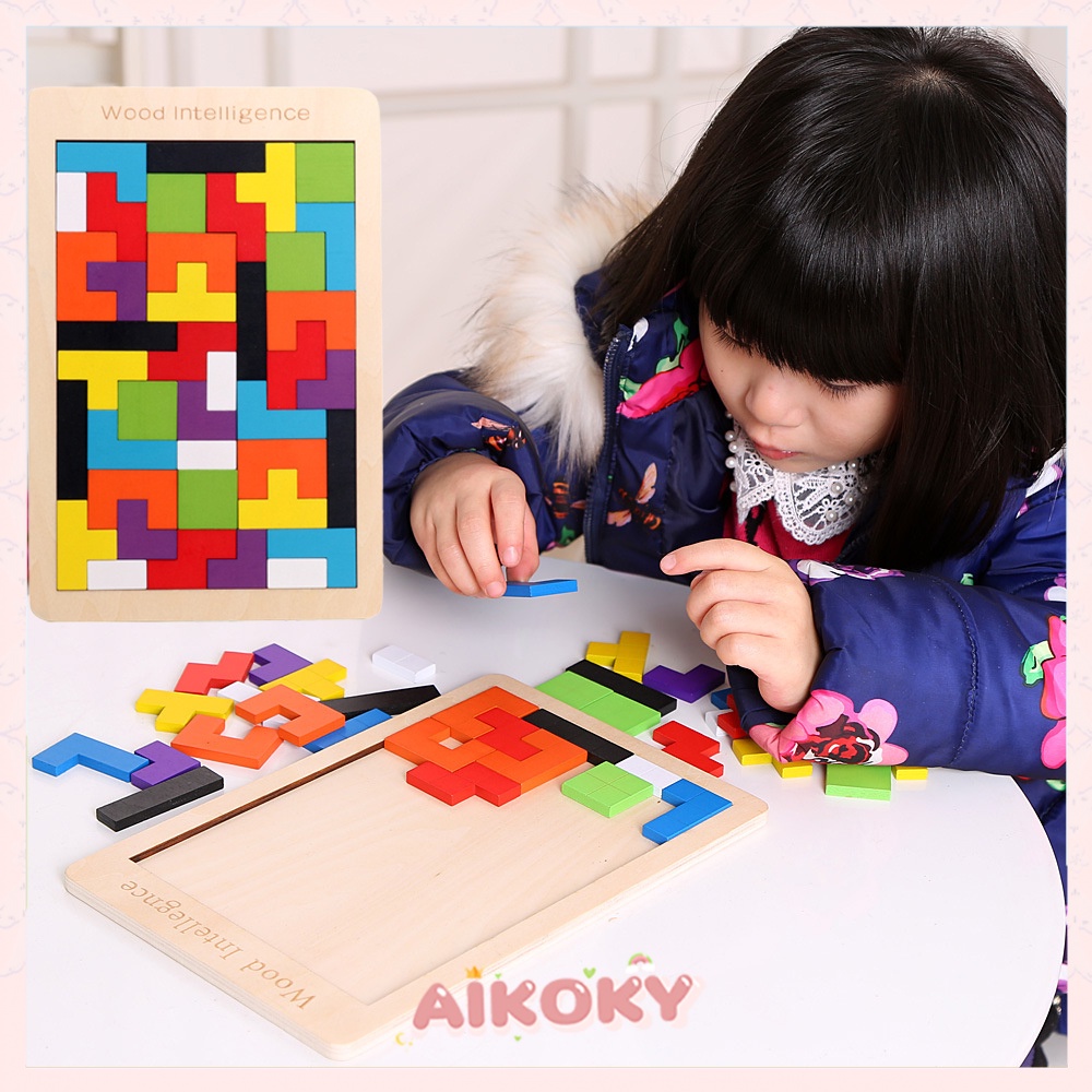 Aikoky Puzzle kayu tetris/Mainan edukasi anak puzzle bentuk geometri