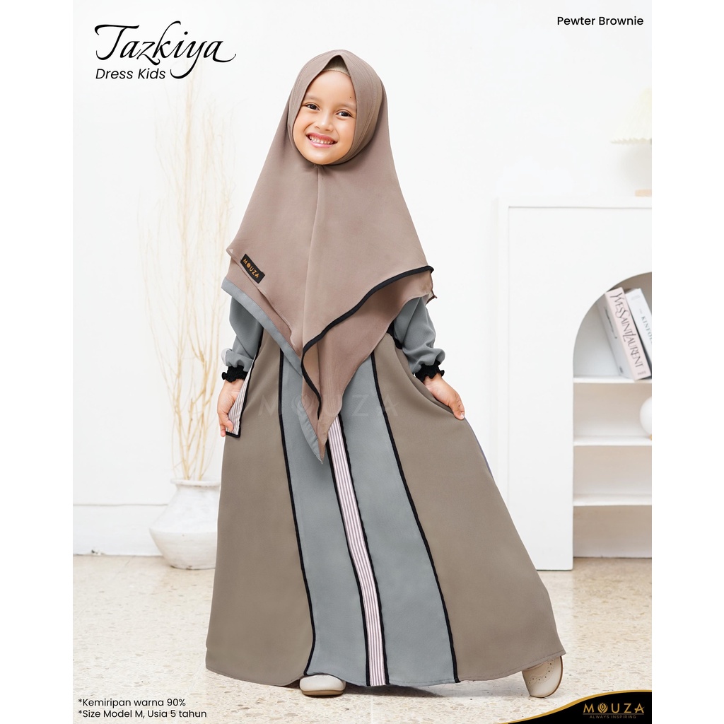 Mouza-Tazkiya Dress Kids Bahan Jasmine Torino Warna Pewter Brownie-Lavender Grey Gamis Anak Kombinas