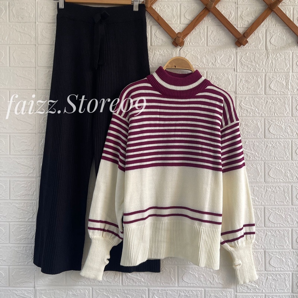 ONESET JEHA SWETER RAJUT STIPPE SETELAN CELANA KULOT RAJUT