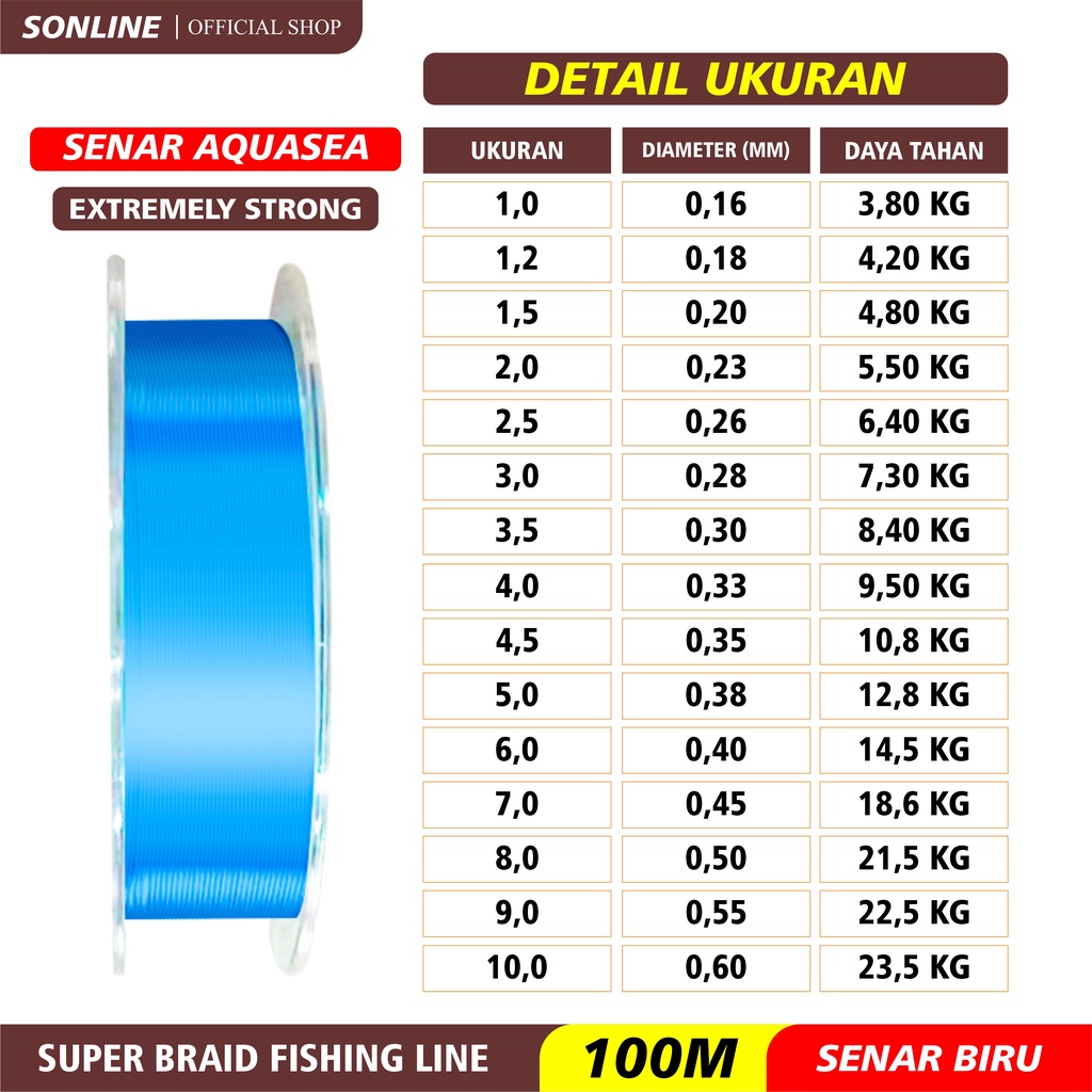 SONLINE Tali Pancing Aquasea 100m  Warna Biru Senar Pancing Nilon Gorilla Tough Super Braid Fishing Line Kuat &amp; Tahan Bahan Nilon Impor