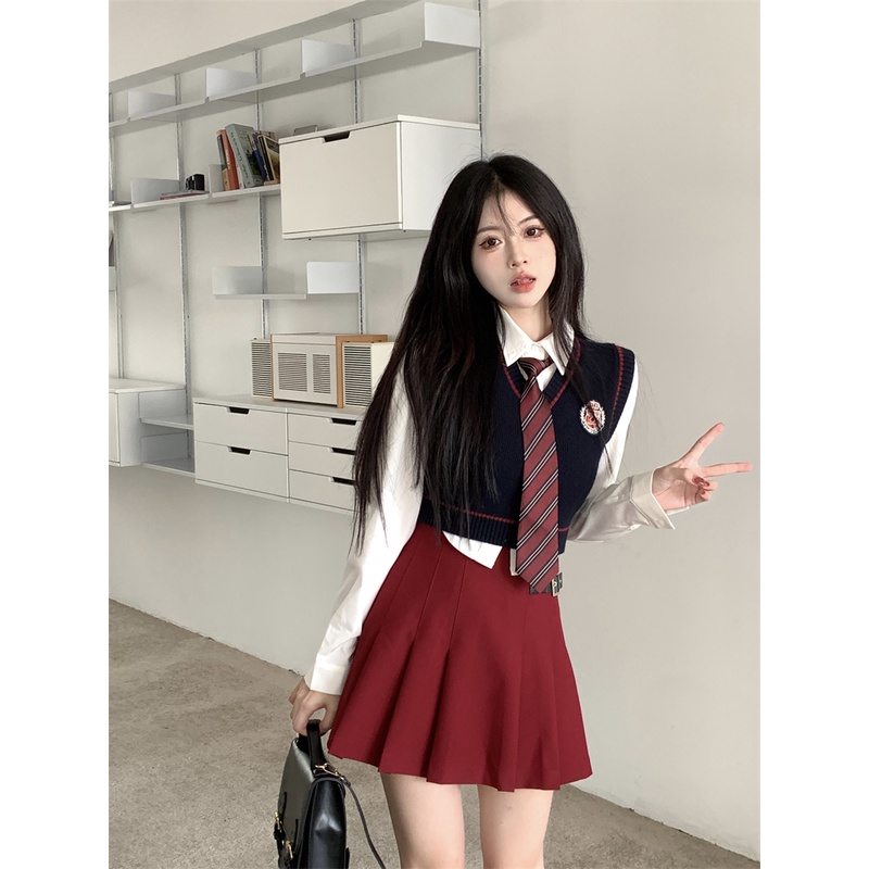 ✧♙Suhao Korean hot girl college style jk uniform suit women s autumn tie shirt knit vest skirt setelan jas tiga potong