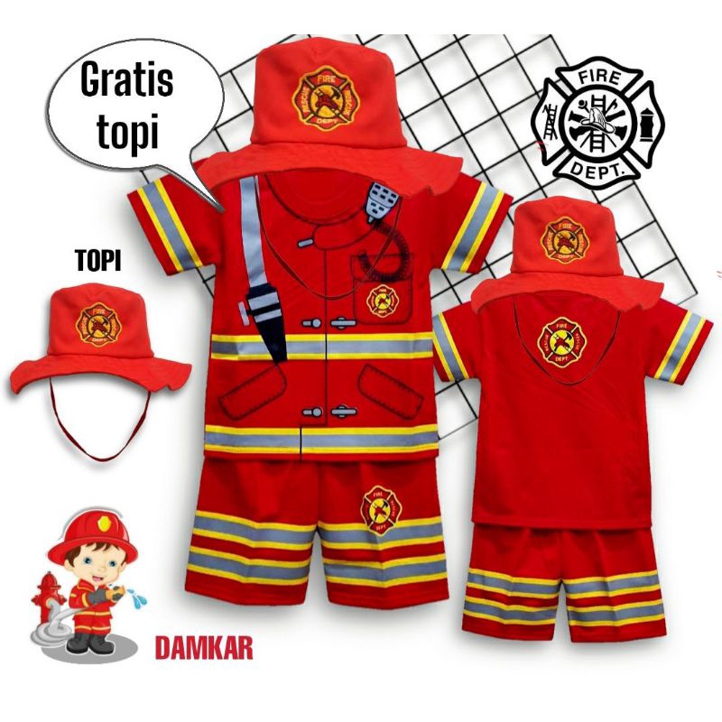 SETELAN ANAK PEMADAM TERBARU MURAH DITAMBAH TOPI USIA 1-10THN/SETELAN PEMADAN AJA/TOPI PEMADAM AJA