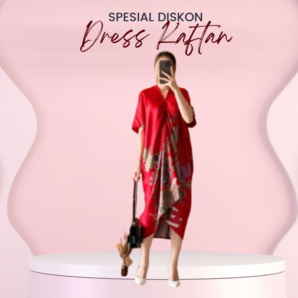 Terbaru Midi Dress Thania Batik Satin Batik Modern Wanita tunik batik pekalongan Baju Kaftan Basic M