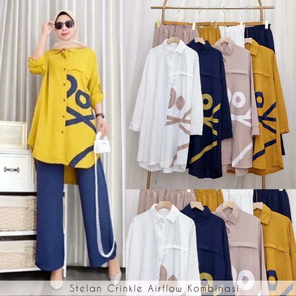 XOXO SET II SETELAN BAJU MUSLIMAH MODERN BAHAN CRINKEL AIR FLOW PREMIUM II CRINKEL AIR FLOW PREMIUM II ADEM NYAMAN DIPAKAI II ARRAZAQU COLLECTION
