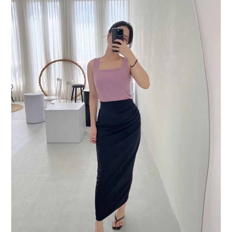 Abby Long Skirt rempel Rok Wanita Casual