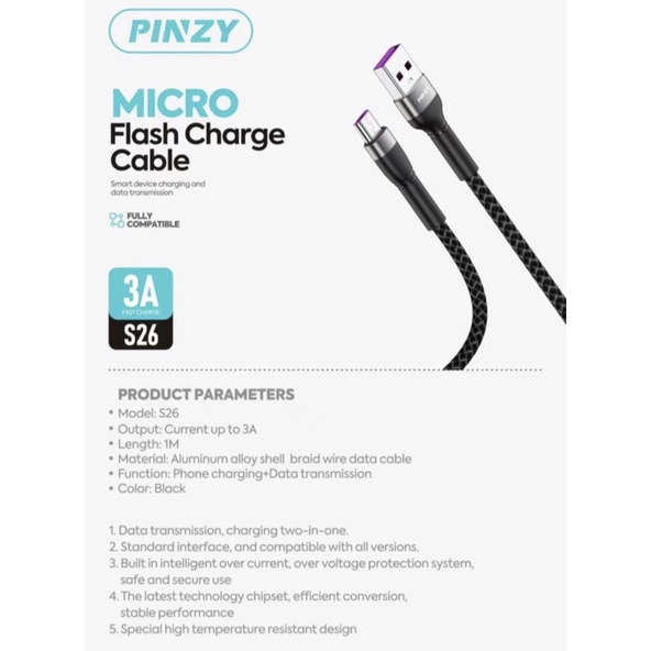 Kabel Data - Kabel Charger PINZY S26 Type Micro Siper Flash Charge 65w - Charger S26 Micro