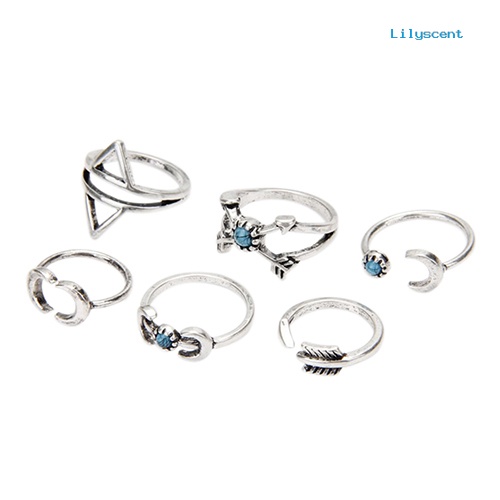 [LS]6Pcs Turquoise Arrow Moon Triangle Above Knuckle Ring Cincin Tumpuk Ujung Jari Tengah