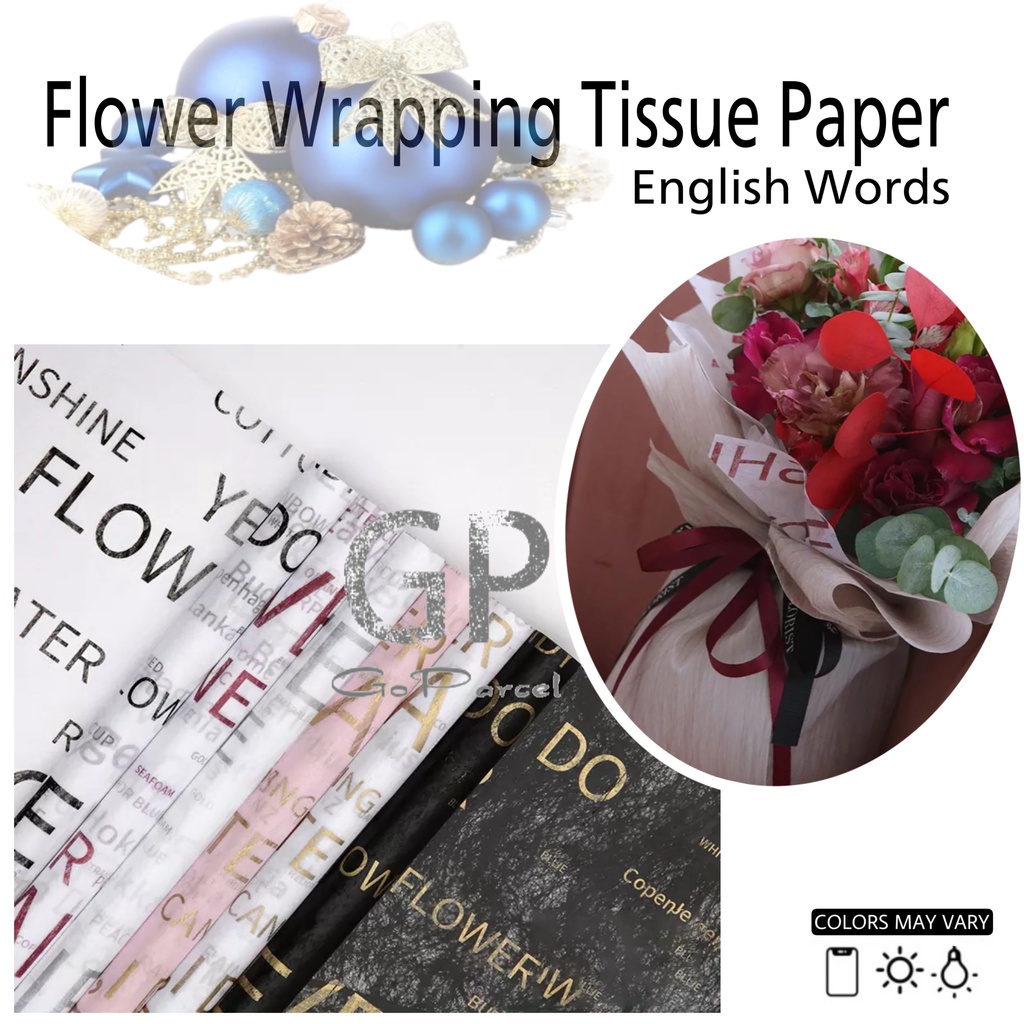 ( 5 Lembar ) ENGLISH WORDS - FLOWER WRAPPING TISSUE PAPER / KERTAS TISU / BUKET BUNGA / KERTAS BUNGA