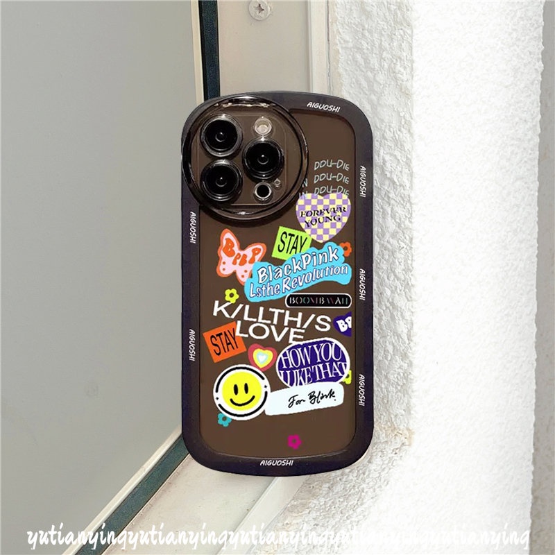 IPHONE Casing Ponsel Trend Kompatibel Untuk Iphone11 7 8 Plus 12 13 Pro MAX XR 6 6s XS MAX X SE 2020fashion Casetify BlackPink Stiker Lucu Label Smile Soft TPU Shockproof Airbag Penutup Belakang