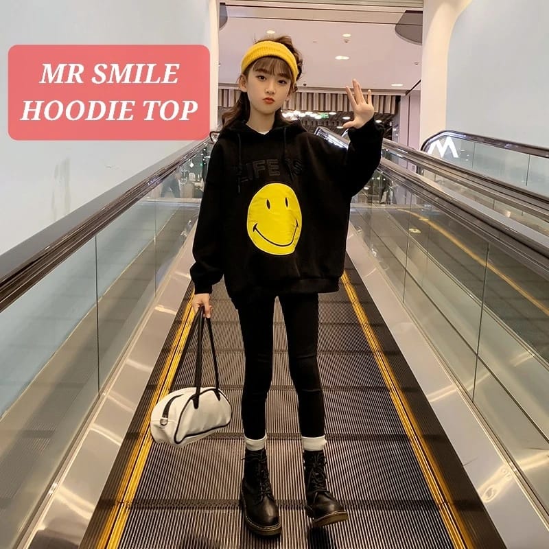 MR SMILE HOODIE TOP BLACK JAKET SWEATER OUTER CASUAL ANAK REMAJA CEWEK COWOK KOREA IMPORT FASHION