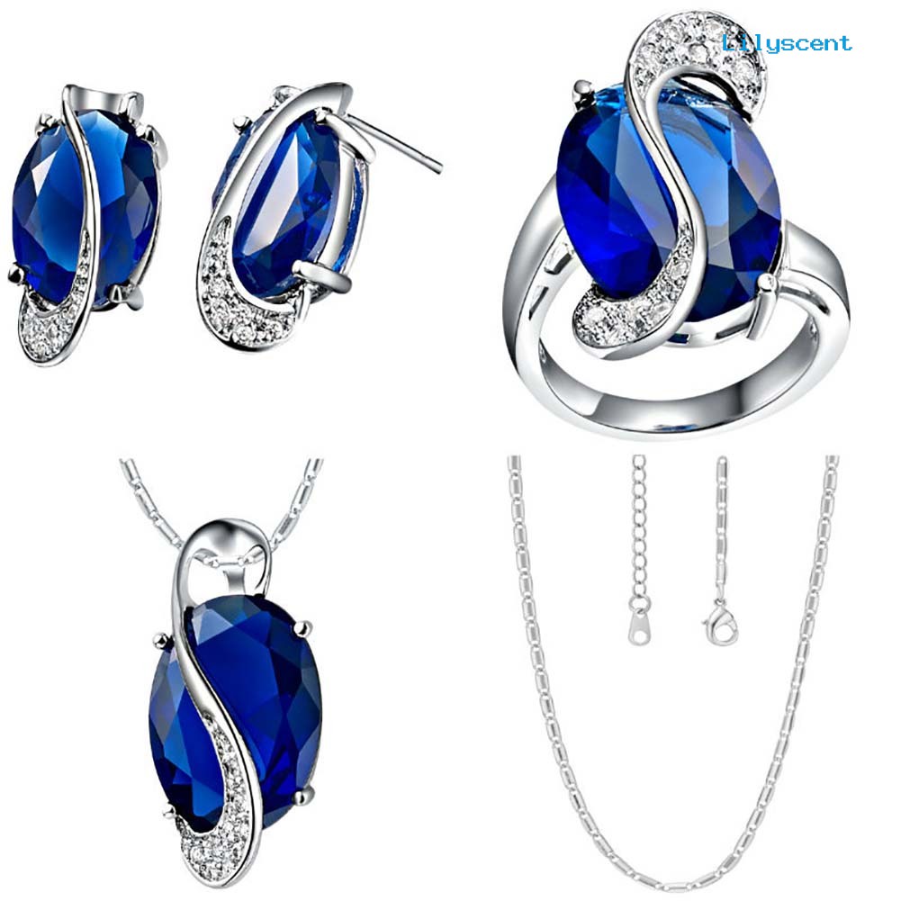 [LS] Fashion Wanita Pelangi Imitasi Topaz Liontin Kalung Anting Cincin Perhiasan Set