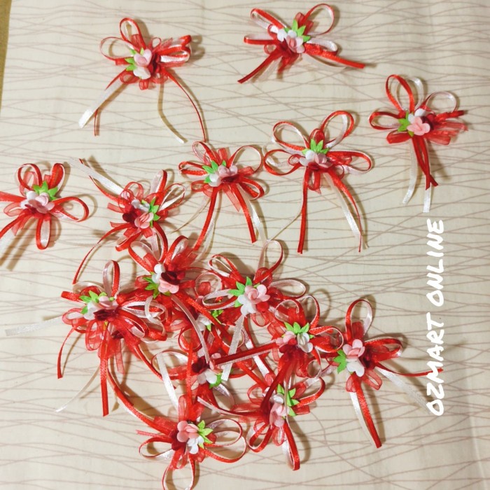 

best seller] Hiasan Pita Imlek/Pita Kuntum 3 organdi merah/bunga kecil isi 10