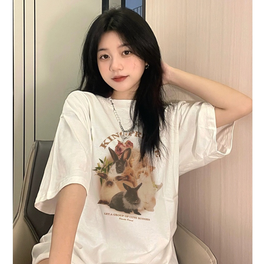 [100%  Katun]Kaos Couple Rabbit Oversize Kekinian Lengan Pendek Korean Style Printed T-shirt Baju Wanita Hitam