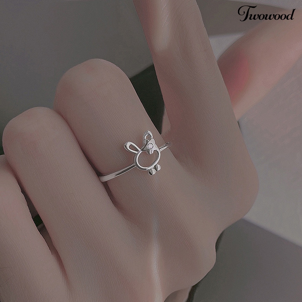 Twowood Wanita Cincin Manis All-match Aksesoris Fashion Open-end Cute Rabbit Flower Rhinestone Ring Untuk Pakaian Sehari-Hari