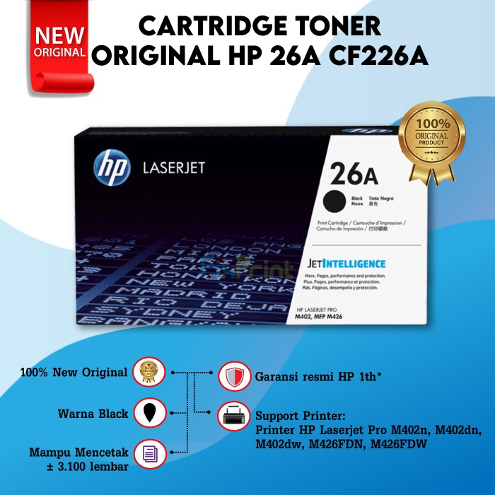 Cartridge Toner Original H 26A CF226A Printer Laserjet Pro M402n