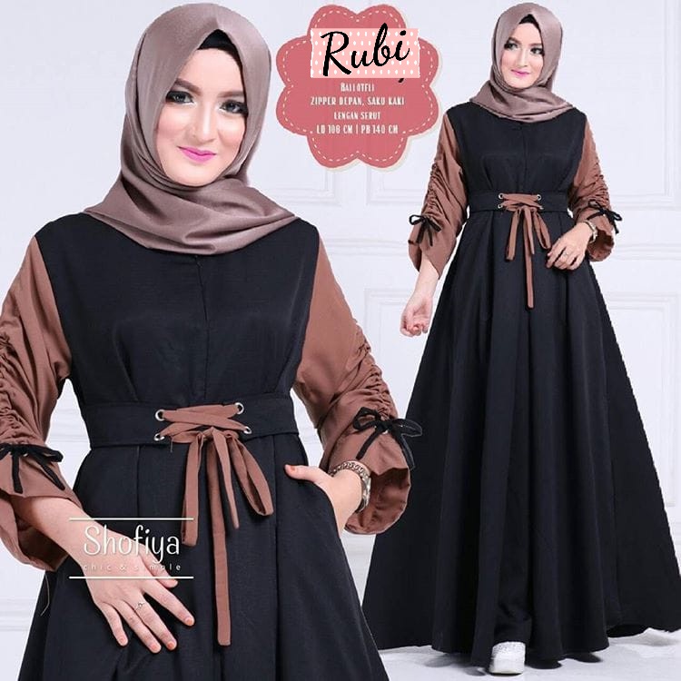 Rubi - Bisa COD Dress Gamis Baju Kondangan Busui Sleting Depan Tali Pinggang Pita Lengan Tangan Keru
