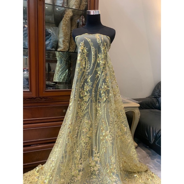 Bahan Kebaya Brukat Tile Tulle Bordir Payet Elizabeth 3 Warna Kuning Lemon Hijau Lime