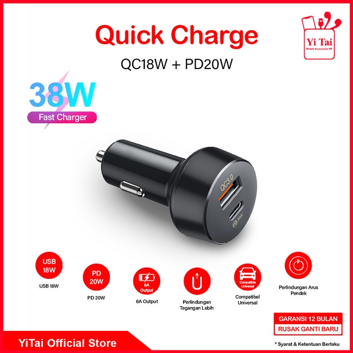 CAR CHARGER YITAI 38W QC18W + PD20W CHARGER MOBIL FAST CHARGER-CCG04 - BD