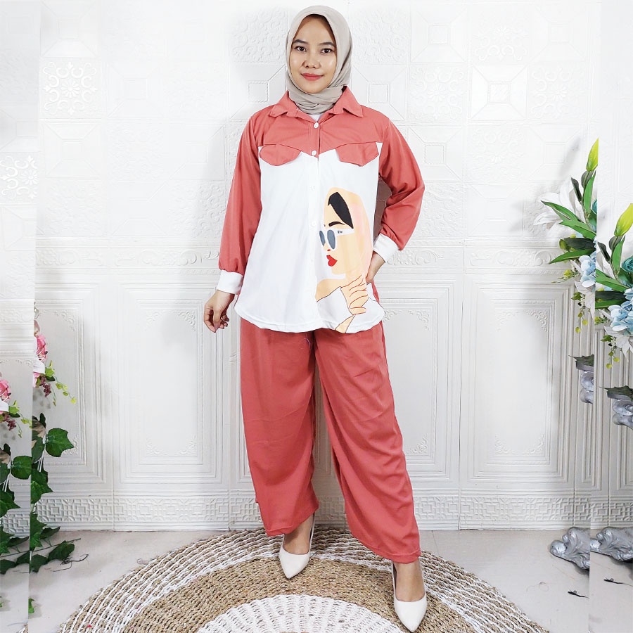 CARLINA SETELAN LD 110cm WANITA OVERSIZE KEMEJA DAN CELANA PANJANG MINIGO GADIZ BUSUI FRIENDLY