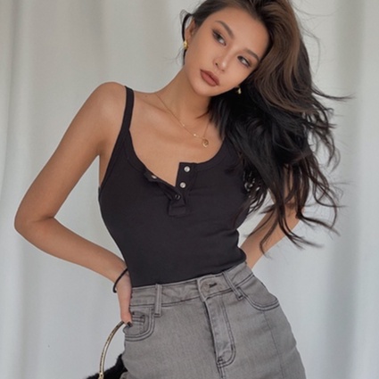 [Premium]Korean Sexy Half Button Rib-knit Crop Top 7282