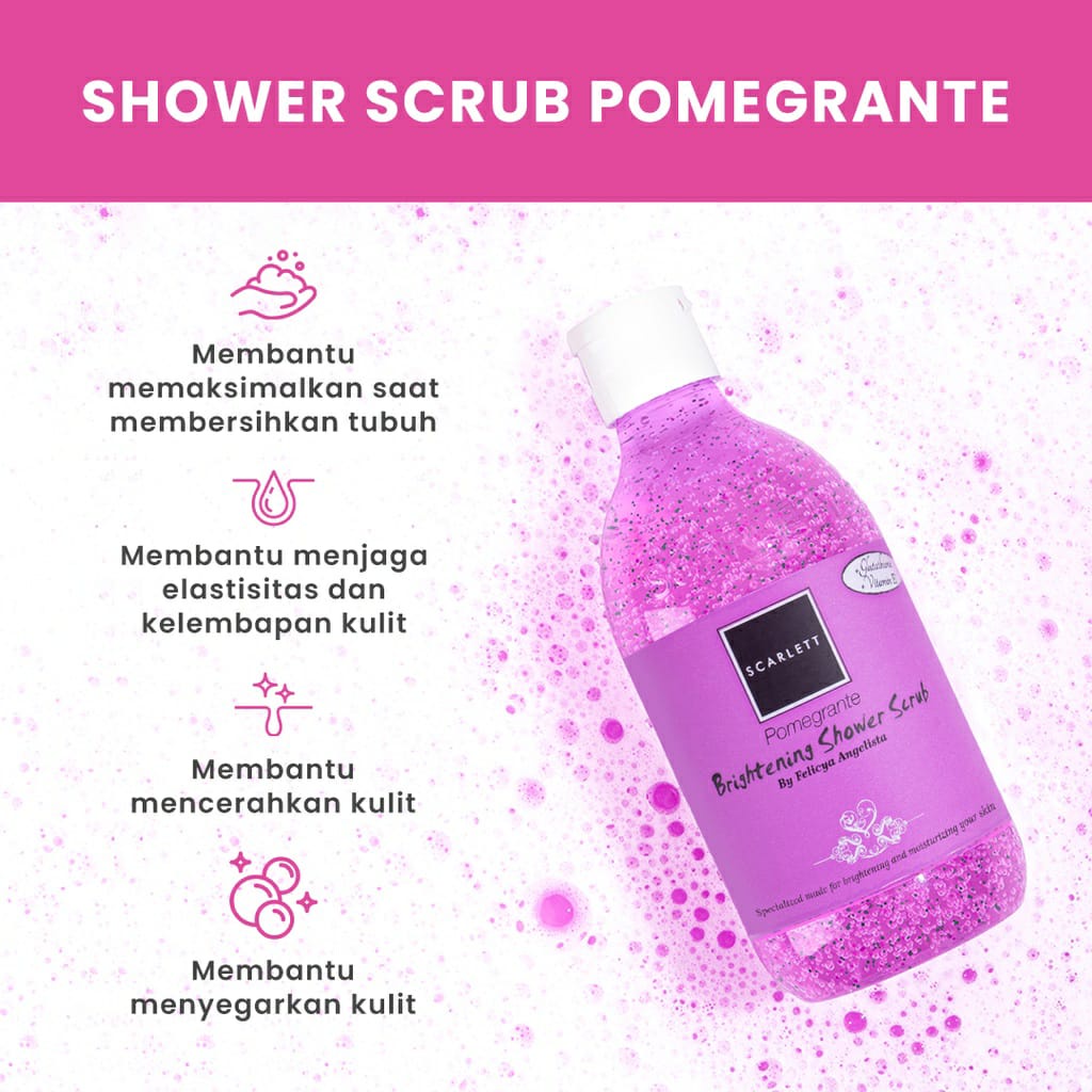 (  JB99 ) SCARLETT Brightening Shower Scrub 300ml Pomegrante Mango Cucumber Coffee Charming Freshy Jolly by Felicya Angelista