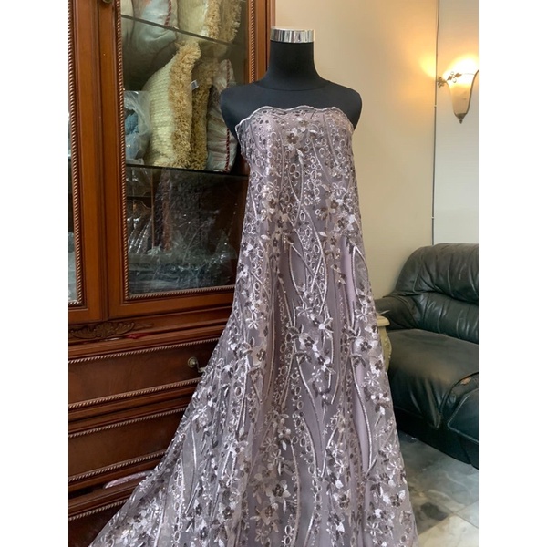 Kain Bahan Kebaya Meteran Brukat Tile Elizabeth Warna Ungu Taro Bisa Untuk Bridesmaid