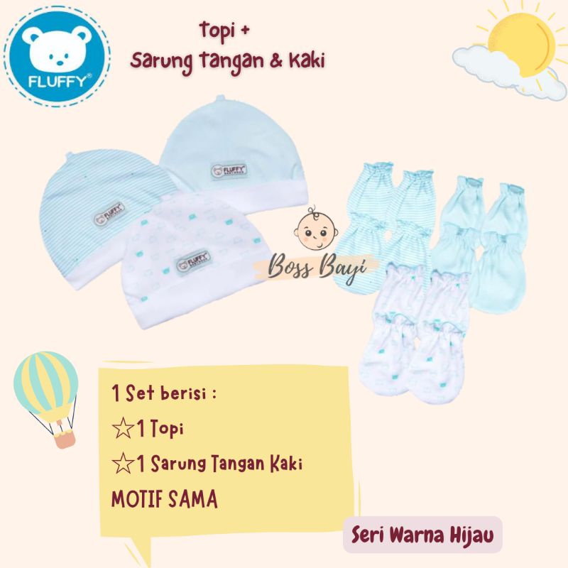 FLUFFY - Topi + Sarung Tangan Kaki Karet untuk Bayi Newborn