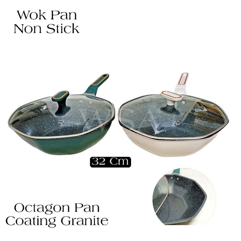 Calypso Wok Pan Anti Lengket Lapisan Granite Tutup Kaca Ukuran 32 Cm.