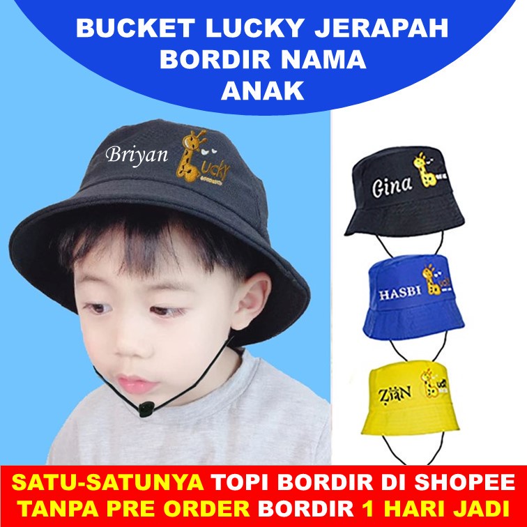 TOPI BUCKET BORDIR NAMA ANAK TALI JERAPAH TOPI BUCKET GOOD LUCKY