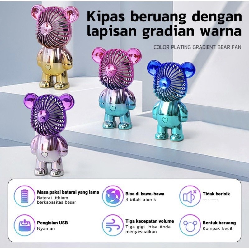 Kipas Angin Portable Bearbrick  Karakter Beruang Anti Slip Standing 3 Pengaturan Kecepatan USB Cas Mini Fan