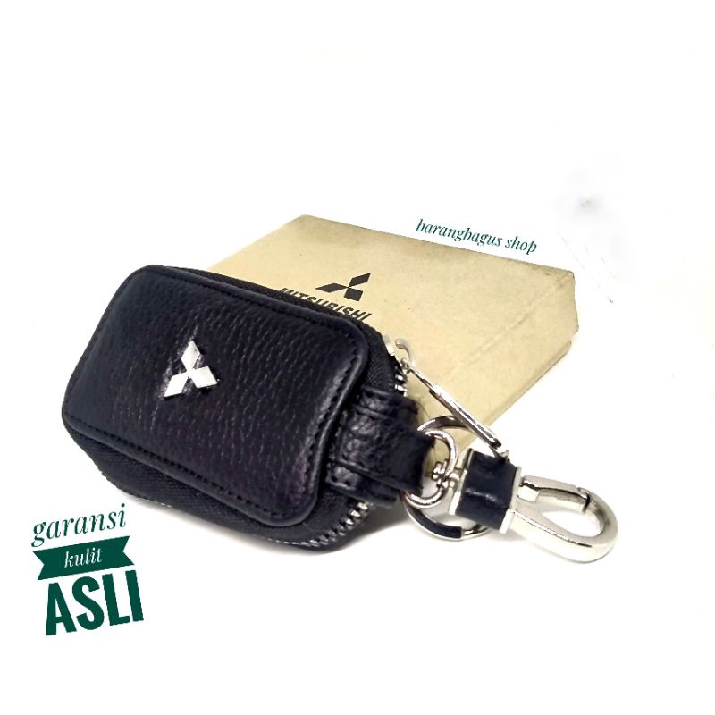 Hardcase Dompet Tempat Remote Mobil Kulit asli Gantungan kunci Logo Mitsubishi