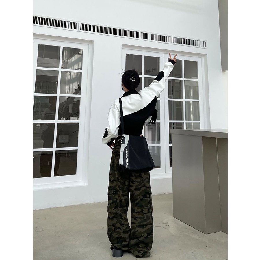 American Retro Gaya Jalan Jaket Baseball Wanita Wol PU Kulit Pendek Bersulam Patchwork Top