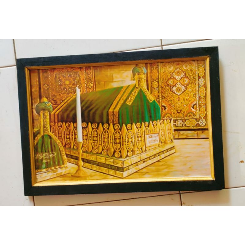 hiasan dinding lukisan cetak makam nabi plus bingkai ukuran 85×65