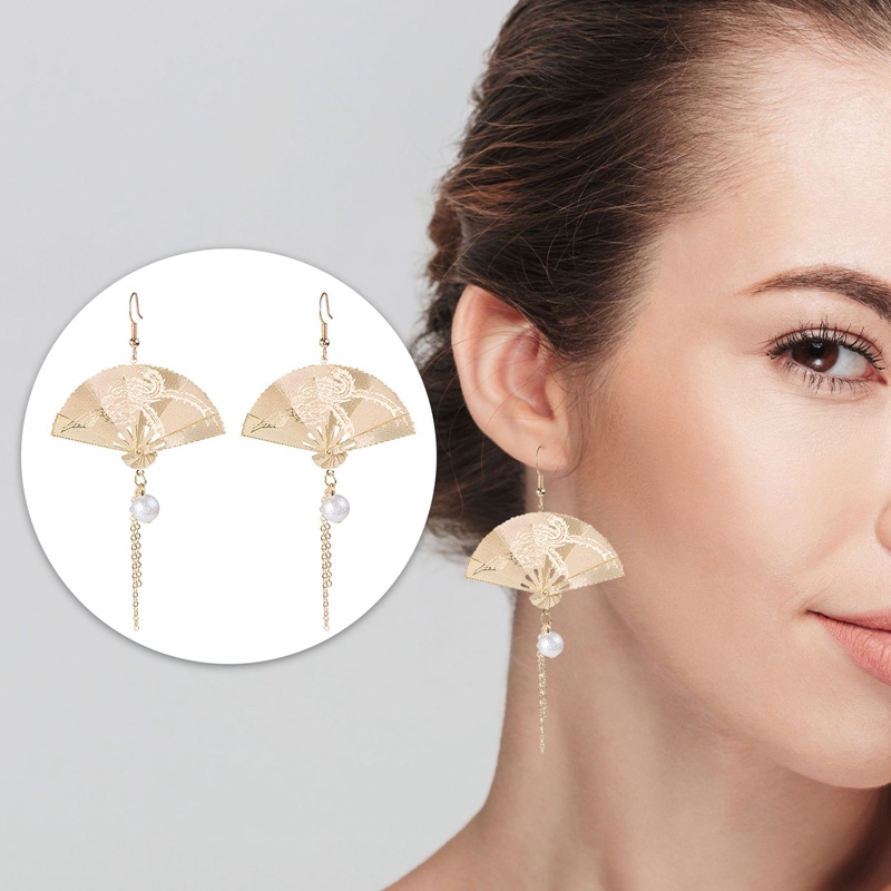 Fancyqube Gaya Cina Kipas Lipat Pemodelan Gantung Menjuntai Anting Wanita Mode Sederhana Mencegah Alergi Kait Telinga Indah