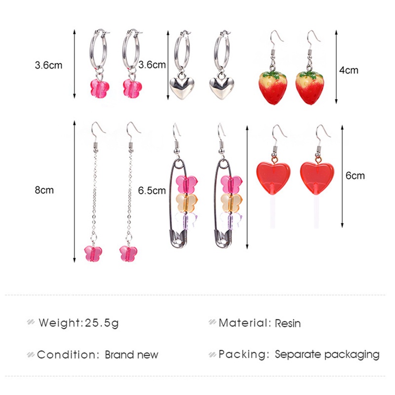 6pasang/set Harajuku Lucu Resin Peach Hati Strawberry Butterfly Earrings