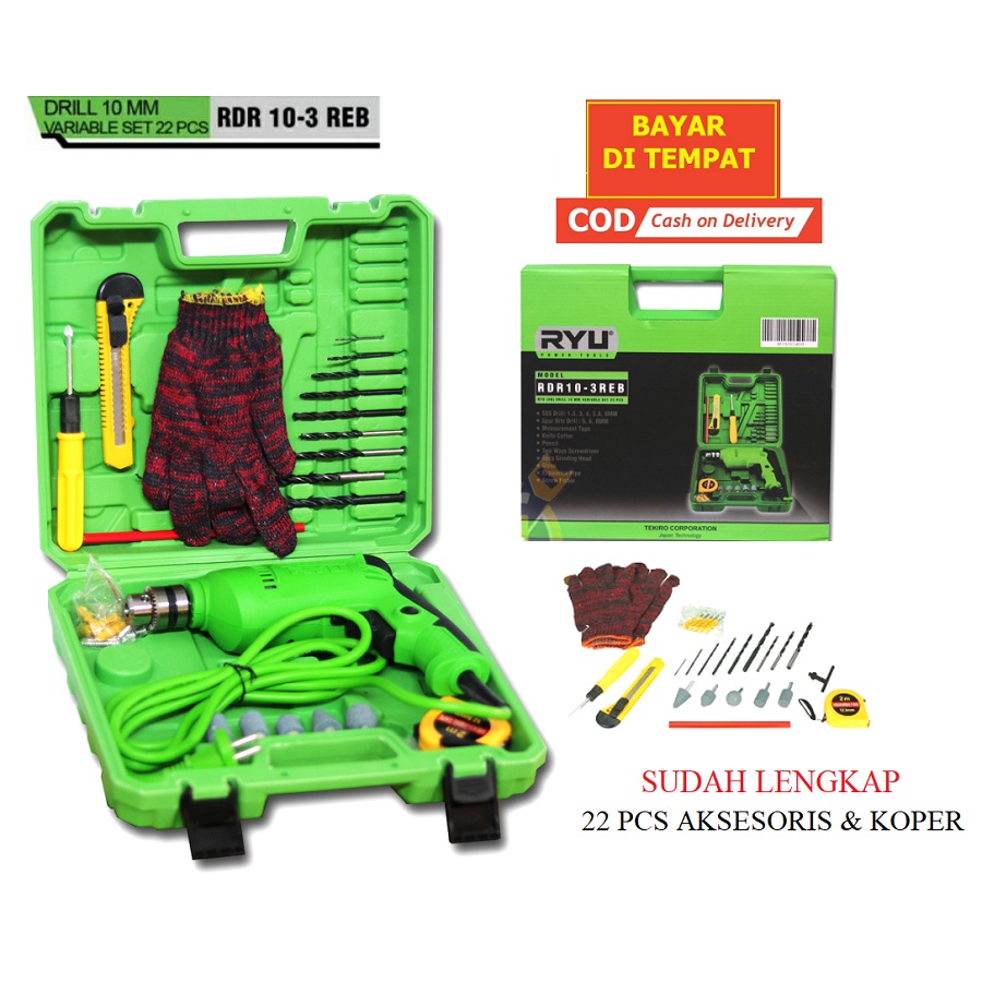 RYU RID13-1REB Impact Drill Set Box Mesin Bor 13 Mm 13mm Impact Drill Plus KOPER + Aksesoris 27 Pcs Bor Beton Tembok RID 13-1 MURAH ORIGINAL BERGARANSI