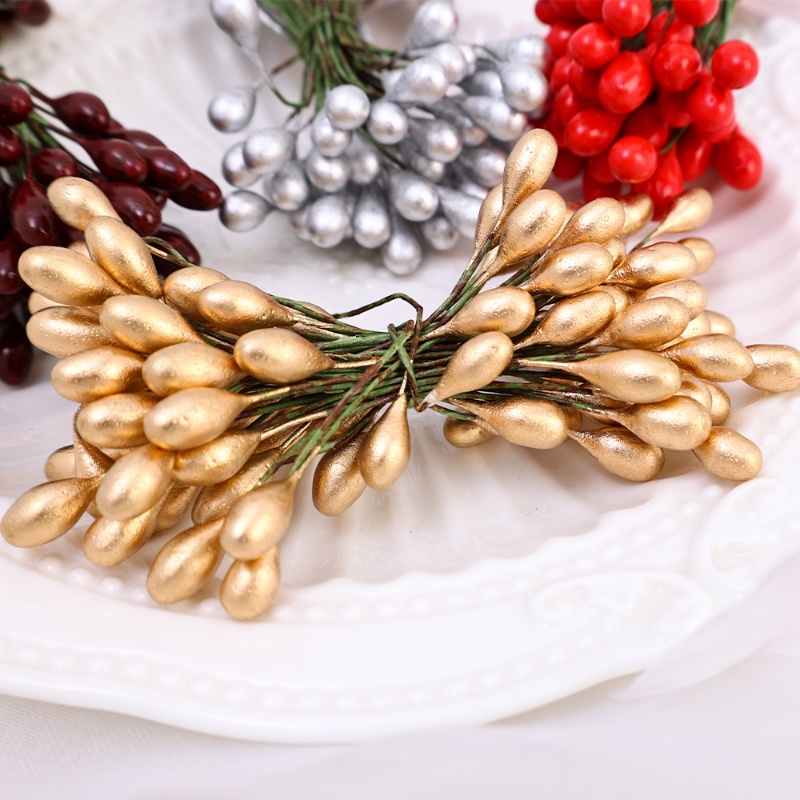 50pcs Artificial Red Golden Berries Fleksibel 2kepala Berry Bunch Xmas Tree Wreath DIY Ornamen Tahun Baru Natal Dekorasi Pesta Pernikahan