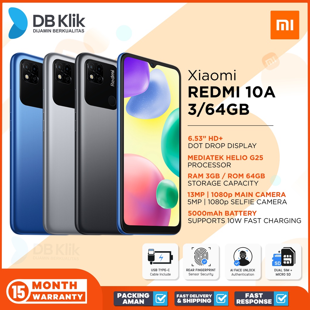 Handphone Xiaomi Redmi 10A 3/64GB - Redmi 10A 3GB 64GB Garansi Resmi