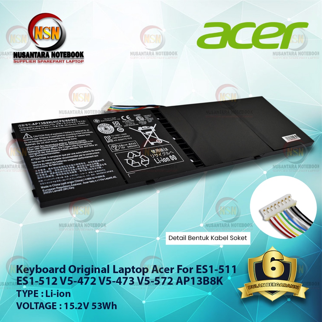 Baterai Original Laptop Acer Aspire V5 M5-583P V5-572P V5-572G - AP13B8K 15.2V 53Wh