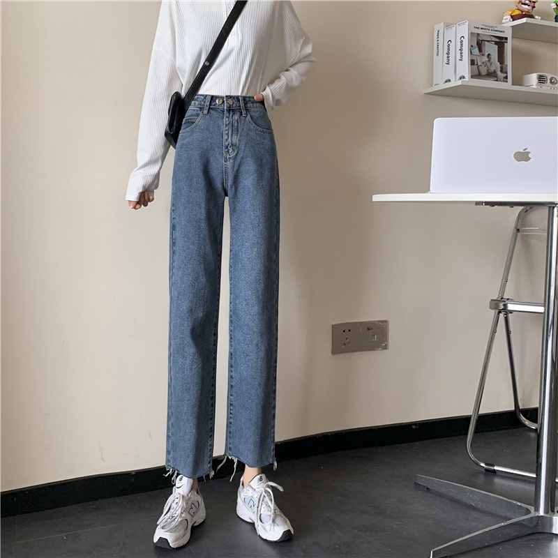 Biru retro high waist straight  kekinian celana jeans wanita