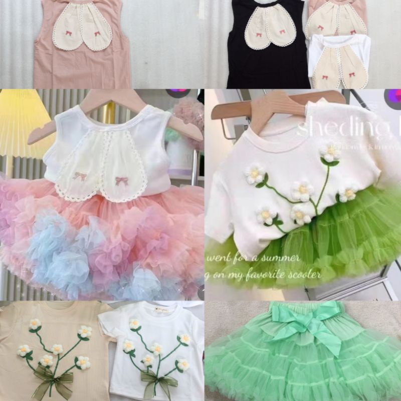 setelan Rok tutu peticoat impor bayi anak pink rainbow hijau 1-7th bunga 3D rajut bunny telinga keli