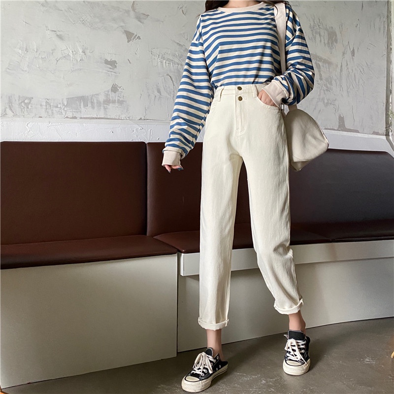 Krem Pinggang Karet Santai Boyfriend Jeans Wanita