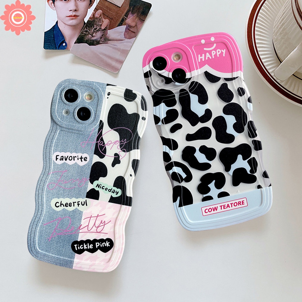 IPHONE Casing Motif Sapi Leopard Kompatibel Untuk Iphone6 6s 8 7 Plus XR 11 Pro Max14 13 12 Pro Max 14Plus X XS Max SE 2020motif Denim Splicing Lembut Bergelombang Edge Case