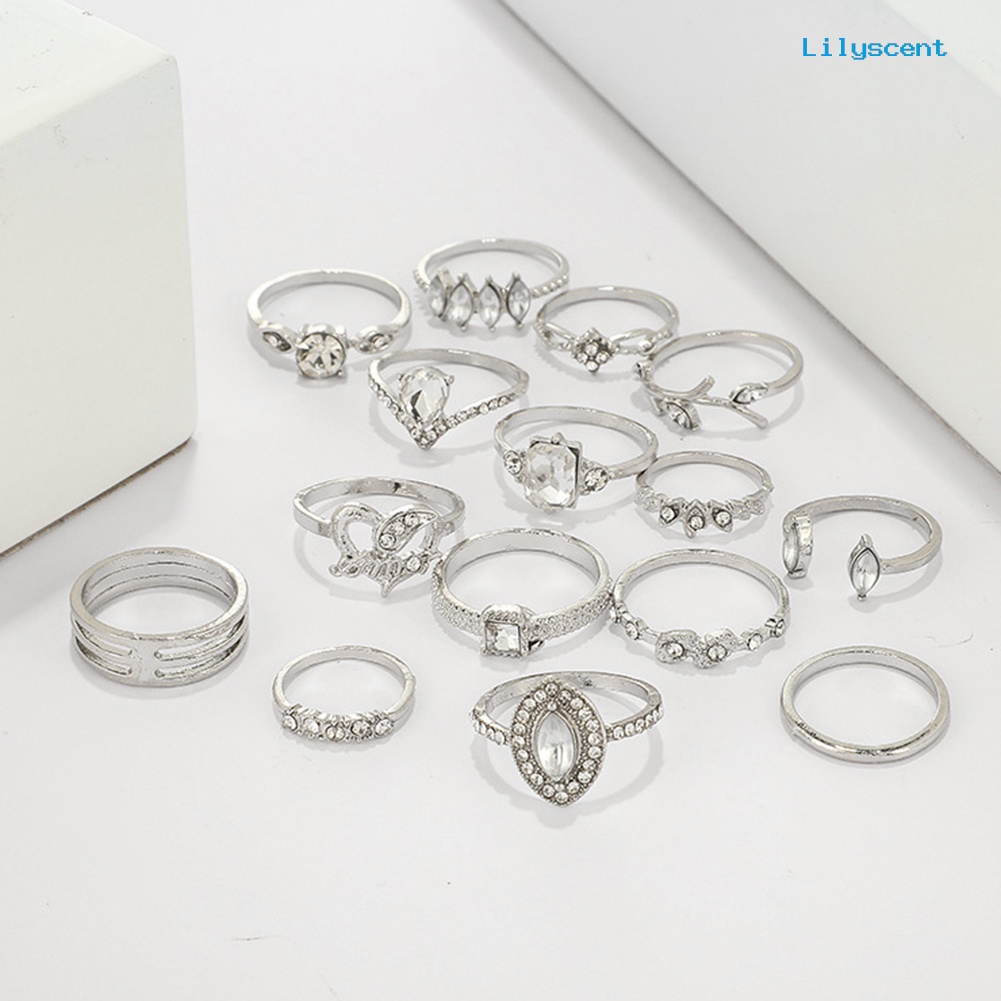 [LS]15Pcs /Set Wanita Bohemian Buatan Batu Permata Berlian Imitasi Jari Cincin Perhiasan Hadiah