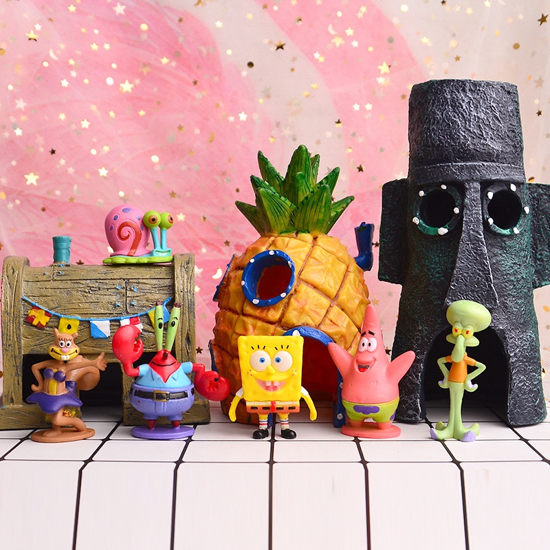 Spons Bob Figure Patrick Star Mainan Set Kartun Action Fish Tank Micro Landscape Decor Aquarium Mainan